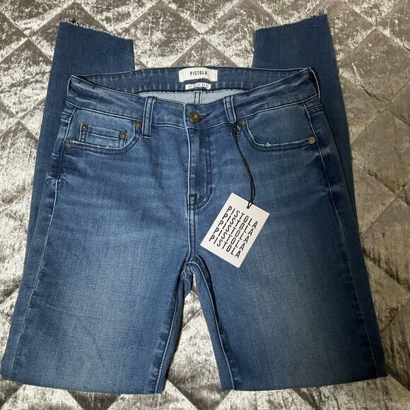 PISTOLA Audrey Mid Rise Skinny Transcend Blue Stretch Raw Split Hem Jeans 27 - Picture 10 of 12